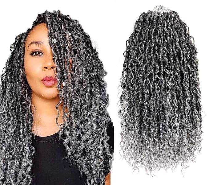 Aipin Goddess Locs Crochet Hair 18 Inch Boho River Locs Hippie Locs Wavy Crochet With Curly Hair In Middle And Ends Braids Hair Extensions (7Packs,18 inch, TGray)
