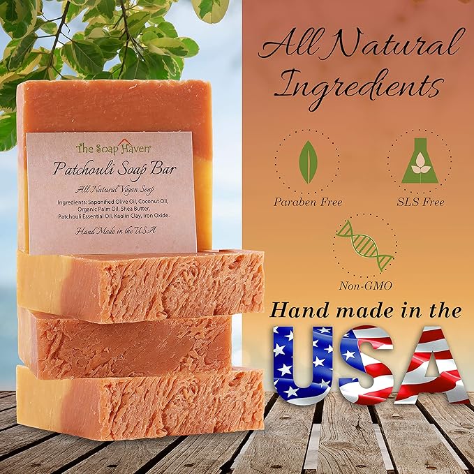 Patchouli Soap Bar - 4 Large 4.5 oz Bars. Handmade in USA with 100% Natural, Non-GMO ingredients
