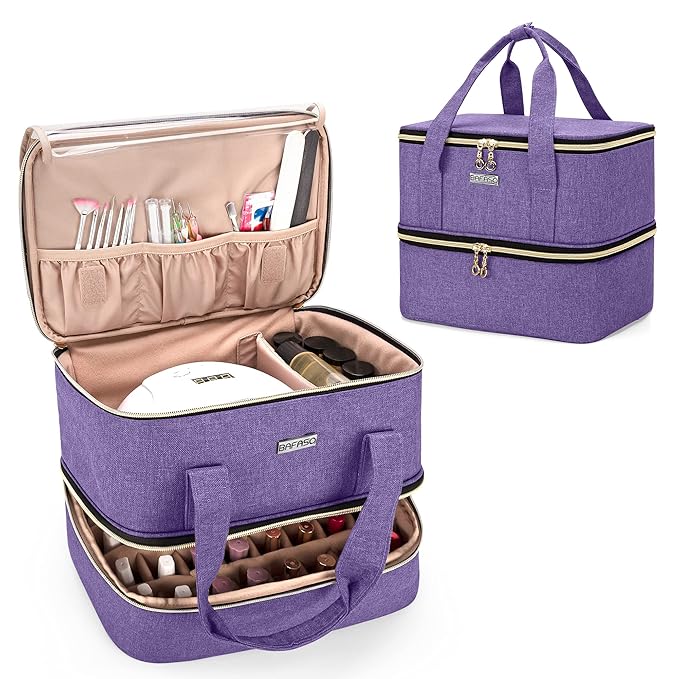 BAFASO Nail Polish Organizer Holds 40 Bottles (15ml - 0.5 fl.oz) and a Nail Lamp, Nail Polish Carrying Case with Manicure Tools Storage Sections (Bag Only), Purple