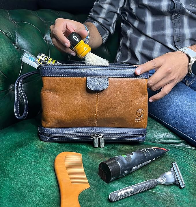 RUSTIC TOWN Leather Toiletry Bag for Men - Travel Gift Shaving Dopp Kit - Bathroom Shower Toiletries Organizer - Cosmetic Makeup Bag for Women