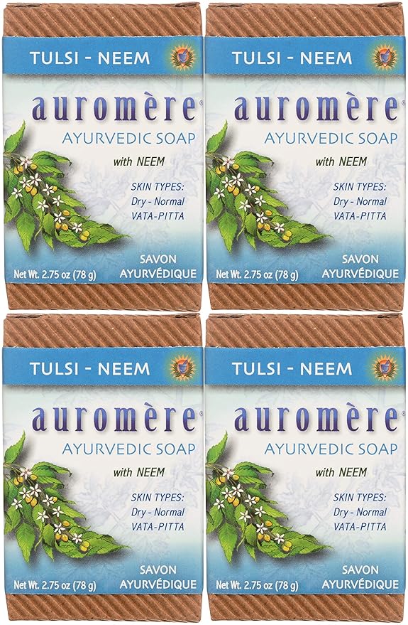 Auromere Ayurvedic Bar Soap, Tulsi Neem - Eco Friendly, Handmade, Vegan, Cruelty Free, Natural, Non GMO (2.75 oz), 4 pack