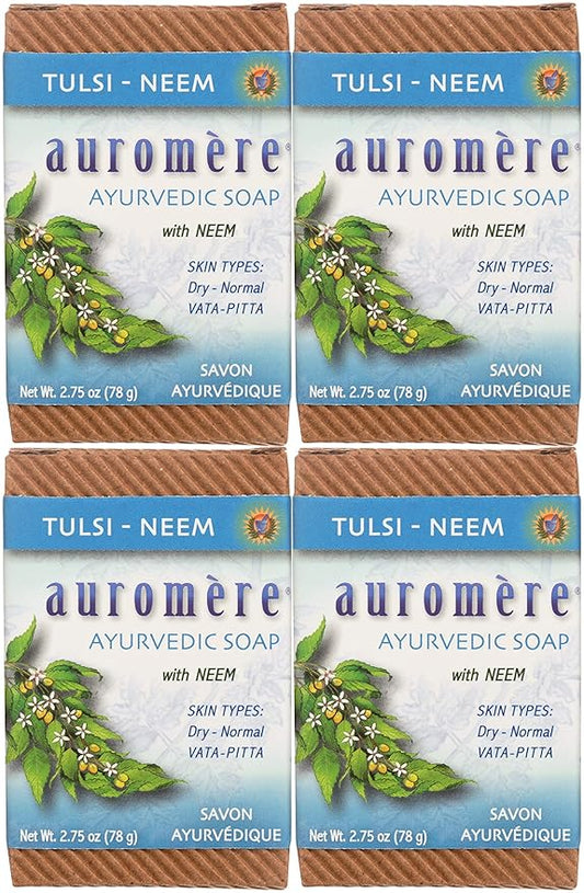 Auromere Ayurvedic Bar Soap, Tulsi Neem - Eco Friendly, Handmade, Vegan, Cruelty Free, Natural, Non GMO (2.75 oz), 4 pack