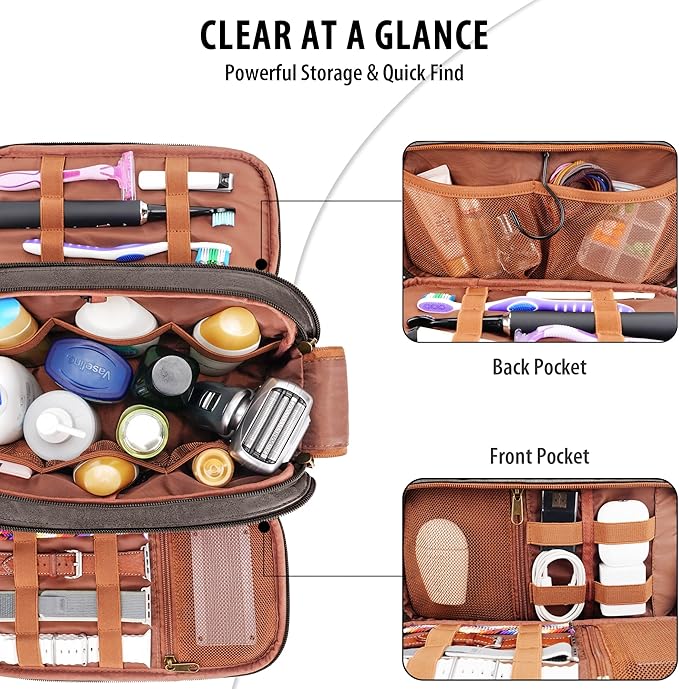 Travel Toiletry Bag for Men, Large Hanging Toiletries Organizer Bags, Cruise Ship Essentials, Water-resistant Shaving Case, PU Leather Makeup Accessories, Cosmetic Dopp Kit, Dark Brown