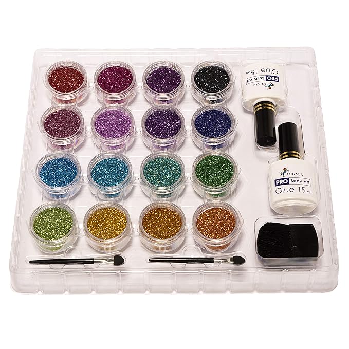 Premium Glitter Temporary Tattoo Kit for Girls, 74 Stencils, 16 Colors and 2X 0.5 fl.oz Body Glue for Body Glitter Fake Tattoos for Kids Makeup Tattoo Supplies Party Favors Party Supplies for Girls