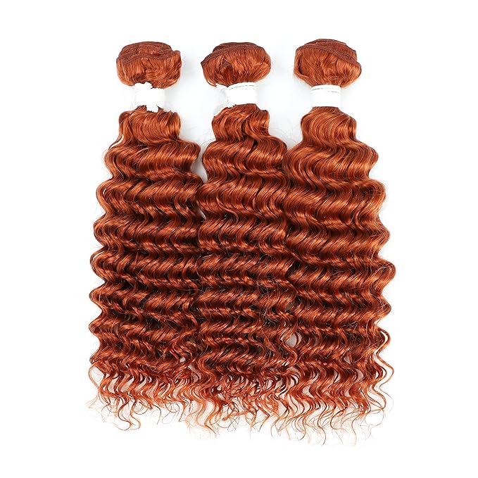 REMY HAIR Deep Wave 100% Brazilian Virgin Human Hair Bundles Ginger Orange Color 10 12 14 Inch #350 Burnt Orange Curly Wave Human Hair Bundles