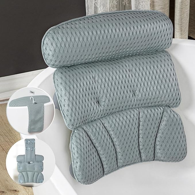 Bath Pillow Bathtub Pillow for Tub Luxury Bath Tub Pillows for Tub Neck and Back Support with 4D Air Mesh Fabric and 8 Strong Powerfull Non-Slip Suction Cups Relaxing Bath Accessories Spa Gifts, Grey