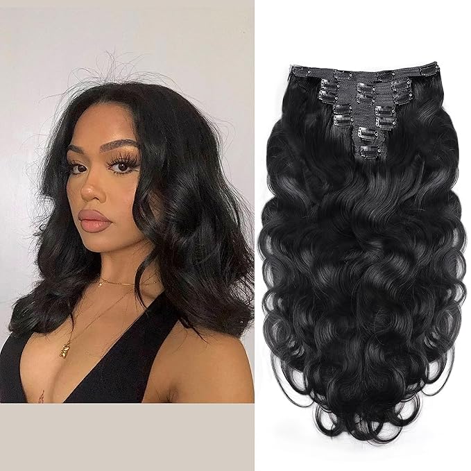 Clip in Hair Extensions Real Human Hair Remy Human Hair Clip ins For Black Women Invisible Natural Body Wave Seamless Clip in Hair Extensions 7 Pcs 100g Double Weft (14 Inch, #1B)