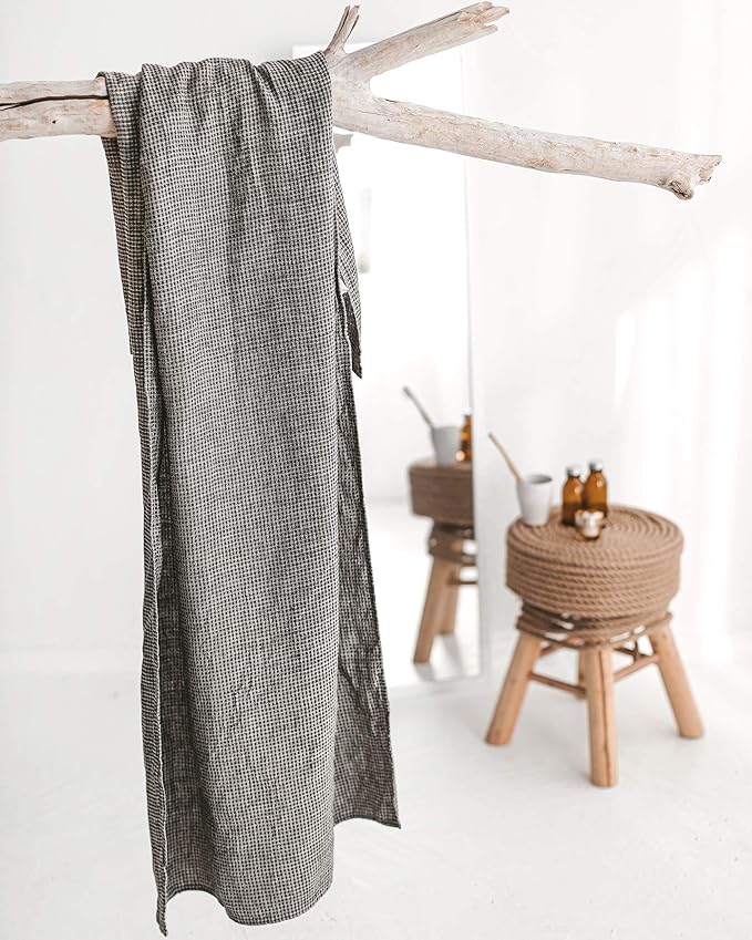 100% Linen Throw Blanket - Extra Large Bath Towel 60x80-inch Black-Natural Waffle Flax Linen Blanket Bed Throw Lightweight Absorbent Thin Oversized Bath Sheets Towels for Adults Quick-Drying XL