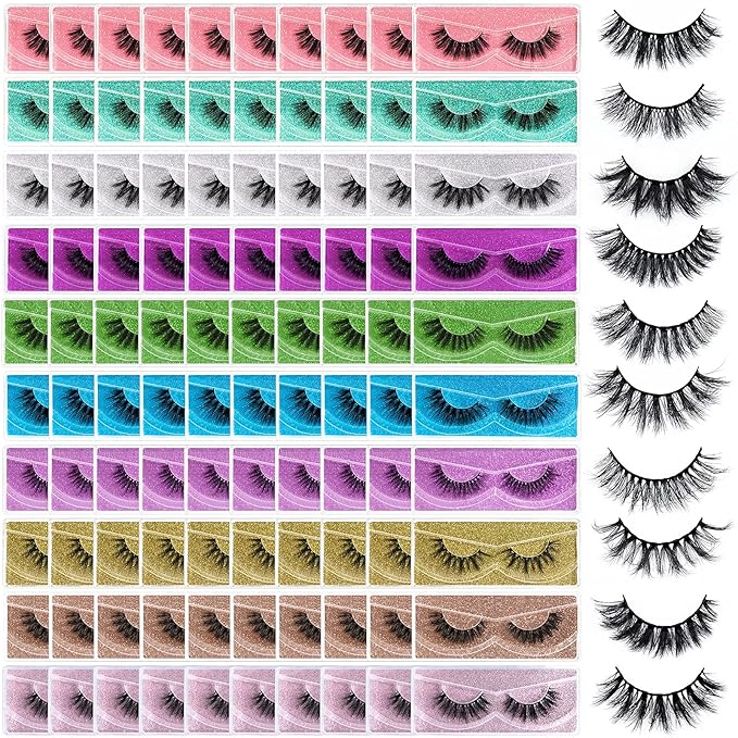 FARRED Wholesale Fluffy Dramatic Bulk Lashes Mix 10 Styles 100 pairs Pack Individual Box 10-18mm Volume Faux Mink Eyelash Thick 8D Fake Lash Short Natural Look Eyelashes (style i-100 pairs)