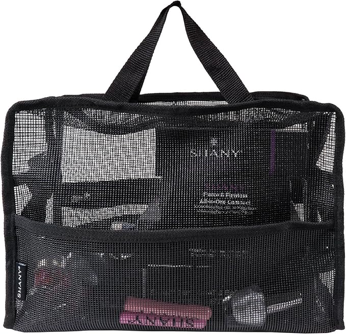 SHANY Collapsible Makeup Tools Travel Mesh Bag – Large See-Thru Travel Tote with Shoulder Straps – Water-Resistant with Zippered Pockets – Black