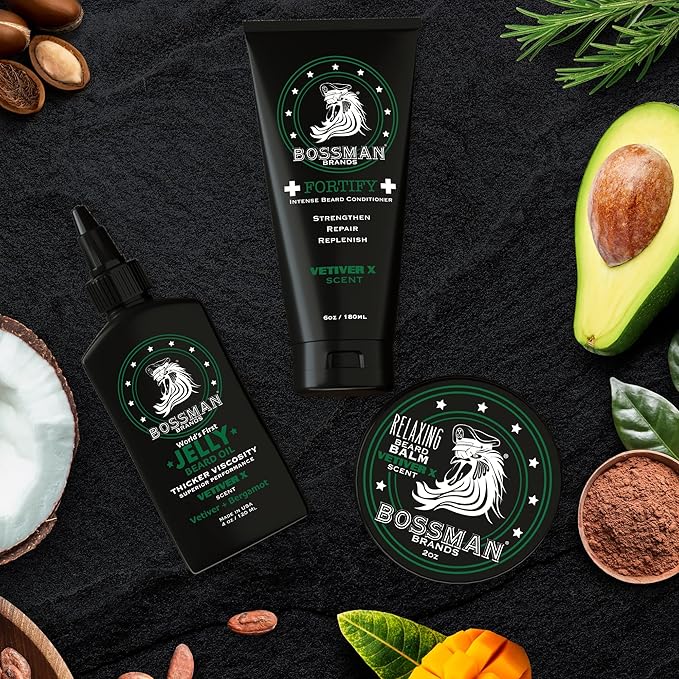 Bossman Essentials Beard Kit for Men – Beard Oil Jelly, Fortifying Conditioner Cream & Beard Balm – Grooming Care Accessories (Vetiver X Scent)