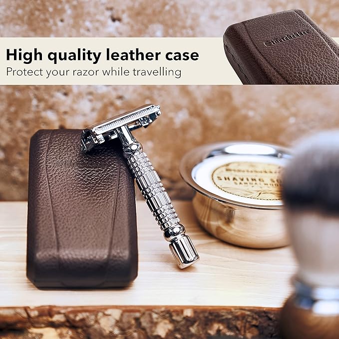 Störtebekker® Premium Men's Safety Razor ‘Hamburg’ - incl. handmade leather case with built-in mirror, 10 Störtebekker blades & shaving guide - First Class Wet Razor shaving set - Gift Idea for Men