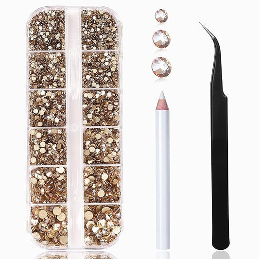 2400 Pieces Flat Back Rhinestones Round Crystal Gems 6 Sizes (1.5-4.8 mm) Nail Jewels Craft Glass Diamonds Stones Kit with Tweezers and Picking Pen, for Nail Art Eye Makeup (Gold Shadow)