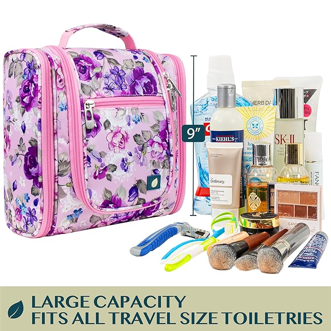 PAVILIA Toiletry Bag Travel Bag for Women Men, Hanging Cosmetic Organizer, Water Resistant Makeup Bag for Accessories Toiletries, Large Travel Essentials Kit (Floral Pink)
