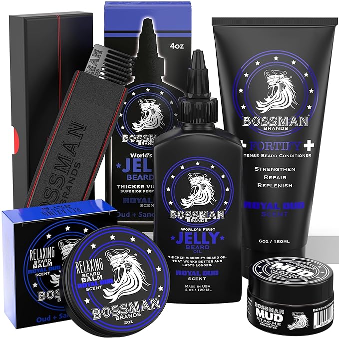 Bossman Complete Beard Kit – Men's Beard Oil Jelly, Fortifying Shower Conditioner, Balm, Mustache Wax & Comb – Beard Softener & Grooming Care (Royal Oud Scent)