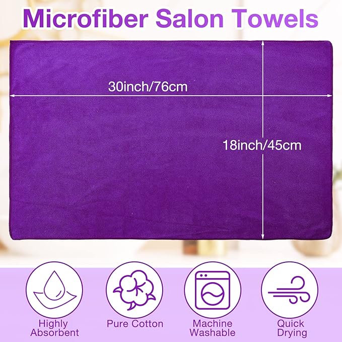Newwiee 72 Pack Microfiber Bleach Proof Towels Bulk for Salon 18 x 30 Inch Dry Lint Free Hair Drying Hand Towels for Hair, Gym, Bath, Spa, Shaving, Barber(Purple)