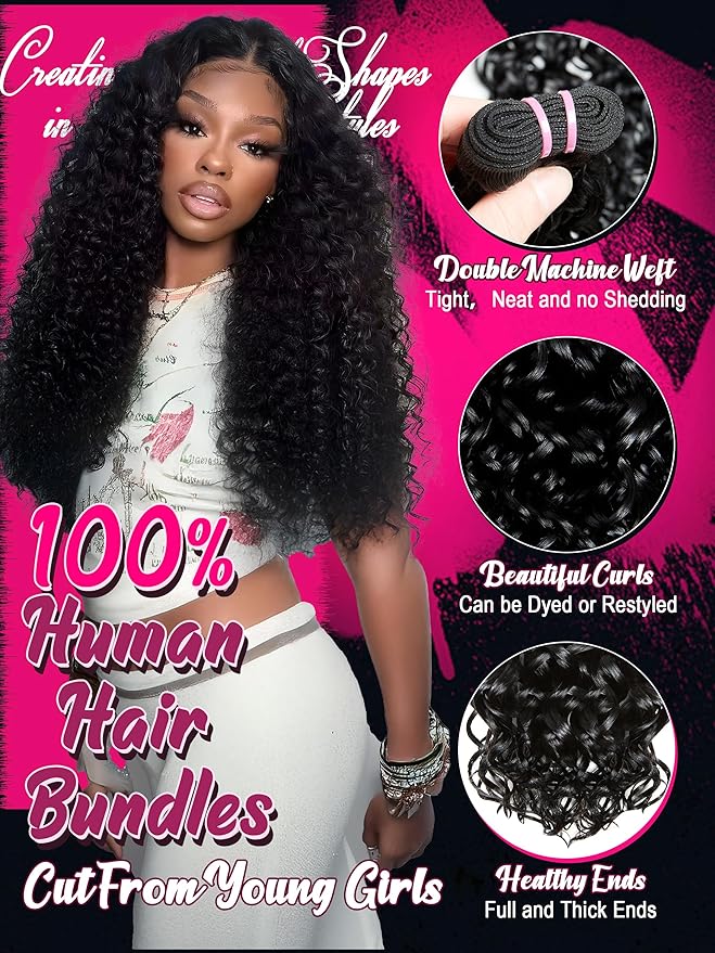 Human Hair Bundles Hair Extensions 16 18 20 22 Inch Water Wave 100% Unprocessed Curly Brazilian Virgin Hair Wet and Wavy 4 Bundles Human Hair Natural Black