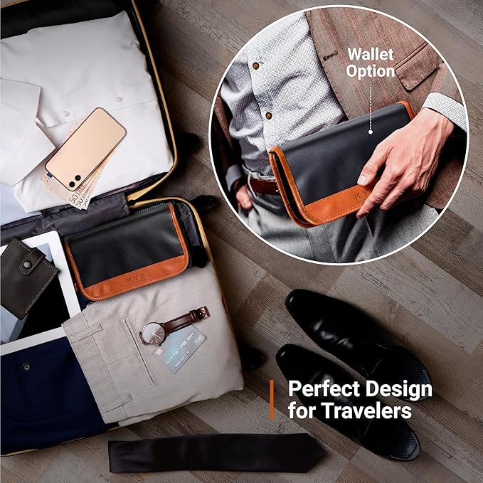 Leather Hanging Travel Toiletry Bag for Men with Removable Cover and Hanging Hook - Dopp Kit for men - Makeup Bag Organizer for Women for all your Travel Essentials