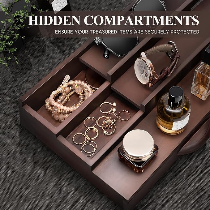 EOSAHR Farmhouse Wooden Cologne Organizer for Men - 3 Tier Perfume Stand Organizer for Dresser with Storage Drawer and Hidden Compartment - Great Gift for Men (Retro Brown)