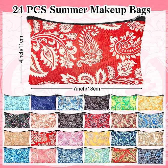 24 Pieces Makeup Bags Bulk Canvas Cosmetic Bags Purse Organizer Zipper Cosmetic Pouch Portable Travel Toiletry Pouch for Women Men Gifts, 7 x 4 Inch (Paisley)