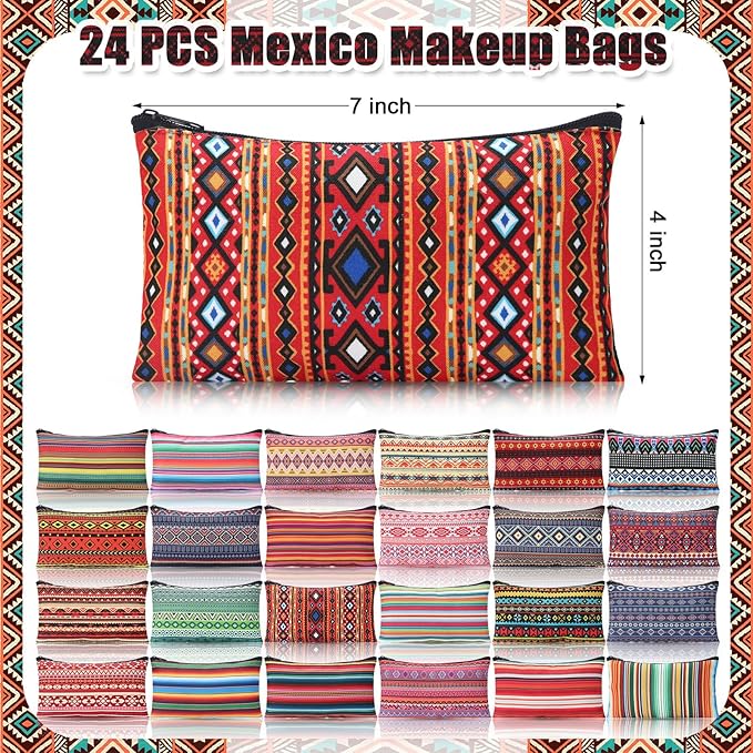 24 Pieces Makeup Bags Bulk Canvas Cosmetic Bags Purse Organizer Zipper Cosmetic Pouch Portable Travel Toiletry Pouch for Women Men Gifts, 7 x 4 Inch(Mexico)