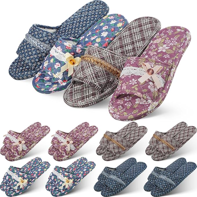 Mepase 8 Pairs Cotton House Indoor Slippers for Guests Washable Home Open Toe Slippers for Women Men