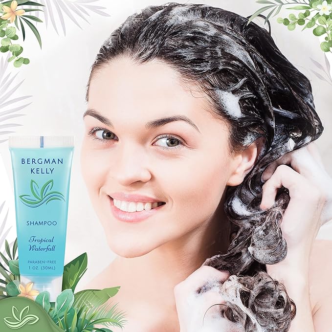 BERGMAN KELLY - Hotel Toiletries Bundle - Tropical Waterfall, 1 oz ea, 125 Pieces - 5-Piece Set: 25 ea Rectangular Bar Soap, Shampoo, Conditioner, Body Lotion & Body Wash - Bulk Mini Guest Amenities