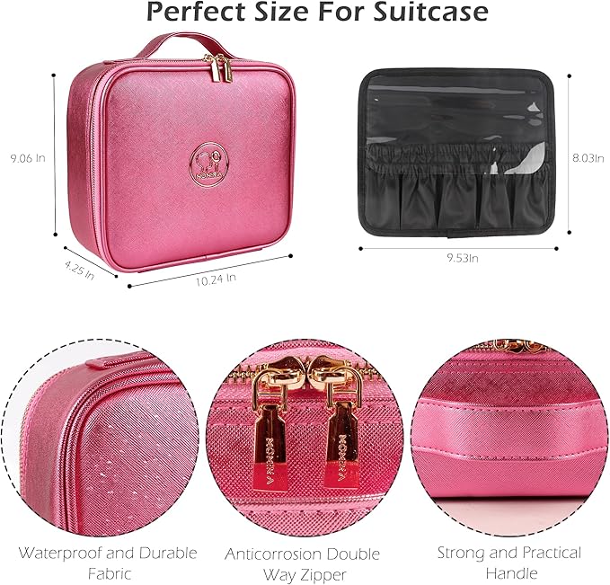 MOMIRA Travel Makeup Bag Cosmetic Bag Makeup Organizer Bag with Lighted Mirror, Adjustable Brightness in 3 Color Scenarios, Waterproof Makeup Train Case, Gift for Women - Brilliant Rose