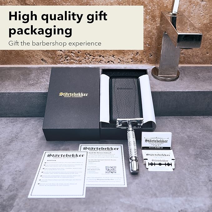 Störtebekker® Premium Men's Safety Razor ‘Hamburg’ - incl. handmade leather case with built-in mirror, 10 Störtebekker blades & shaving guide - First Class Wet Razor shaving set - Gift Idea for Men