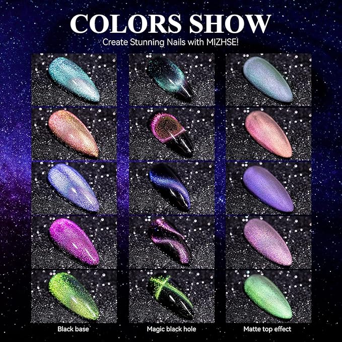 MIZHSE 9D Cat Eye Gel Nail Polish, Magnetic Cat Eye Gel Polish Set, 10ml*6 with 2 Magnets, Classic Colors Chameleon Magic Galaxy Effect Soak off Nail Art, Sparkle Stunning Gel Polish Gift for Women