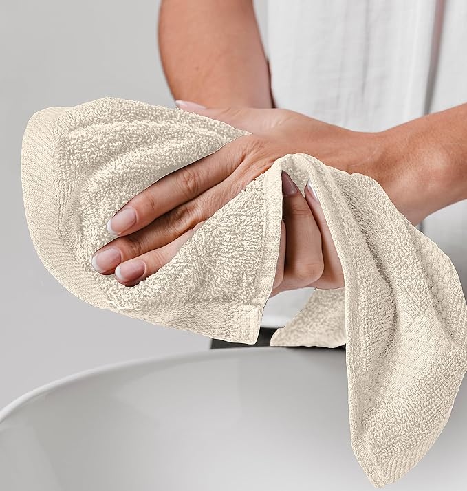 White Classic Luxury Washcloths for Bathroom-Hotel-Spa-Kitchen-Set - Circlet Egyptian Cotton - Highly Absorbent Hotel Quality Face Towels - Bulk Set of 12-13x13 Inch (Ivory)