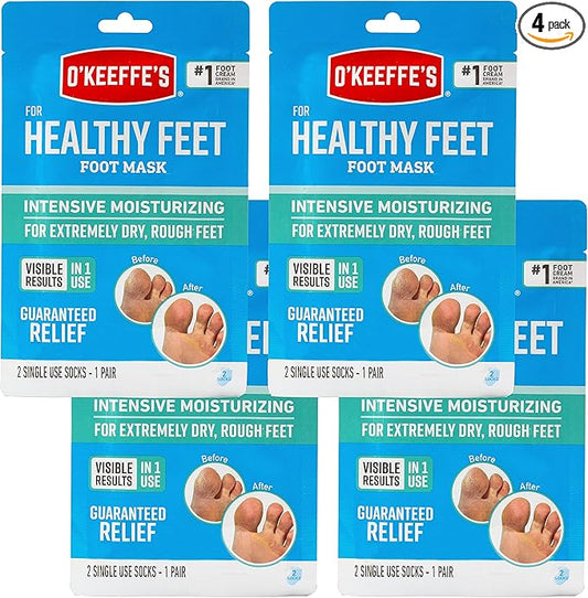 O'Keeffe's for Healthy Feet Intensive Moisturizing Foot Mask; Guaranteed Relief for Extremely Dry; Rough Feet; One Pair Single-Use Hydrating Foot Mask Socks; (Pack of 4)