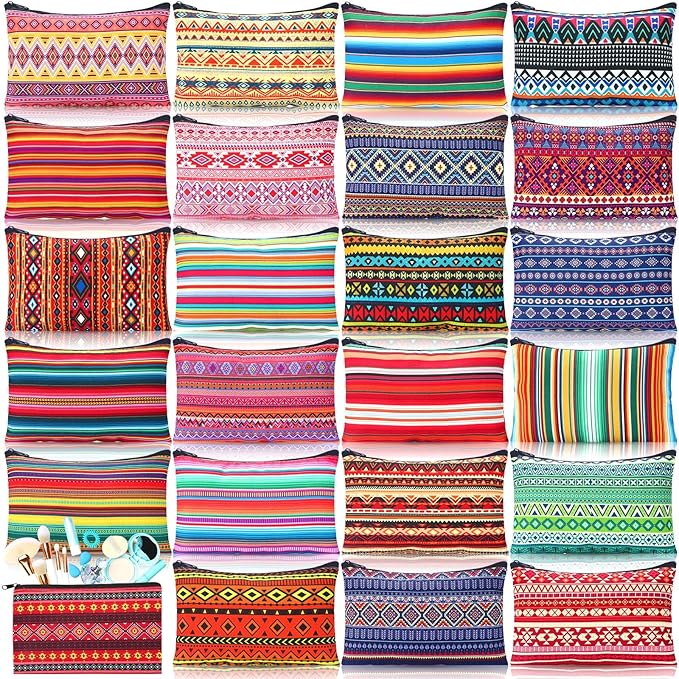 24 Pieces Makeup Bags Bulk Canvas Cosmetic Bags Purse Organizer Zipper Cosmetic Pouch Portable Travel Toiletry Pouch for Women Men Gifts, 7 x 4 Inch(Mexico)