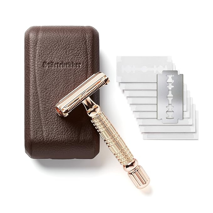 Störtebekker® Premium Men's Safety Razor ‘Hamburg’ - incl. handmade leather case with built-in mirror, 10 Störtebekker blades & shaving guide - First Class Wet Razor shaving set - Gift Idea for Men