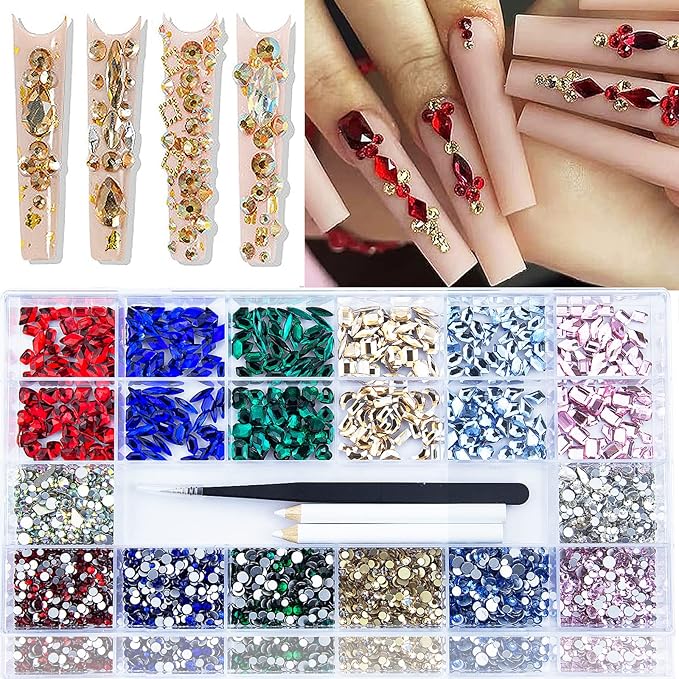 3820 Pcs Rhinestones for Nails, Red Emerald Green Royal Light Lake Blue Gold Nail Rhinestones Crystals Multi Shaped Sized Flatback Nails Glass Gems Crystals for Nails DIY Crafts