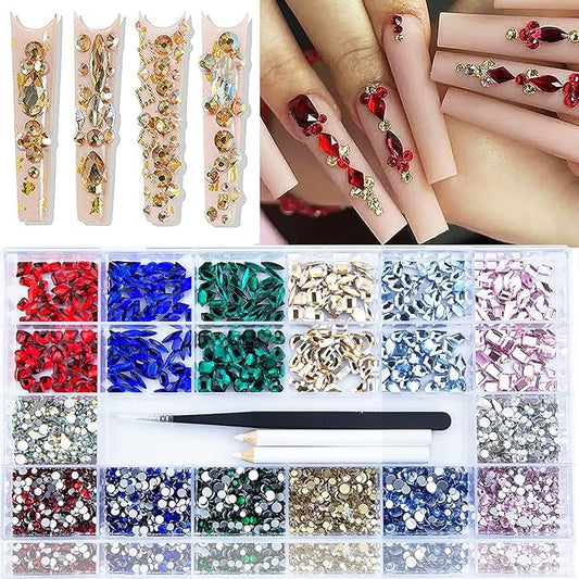 3820 Pcs Rhinestones for Nails, Red Emerald Green Royal Light Lake Blue Gold Nail Rhinestones Crystals Multi Shaped Sized Flatback Nails Glass Gems Crystals for Nails DIY Crafts