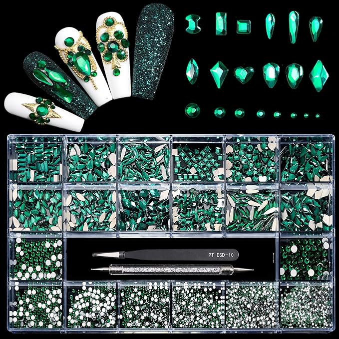 12 Types of Green 600 Diamonds + 2500 Flat Rhinestones Mix 20 Styles Flatback DIY Crafts Rhinestone Crystals 3D Decorations Flat Back Stones Set +Tweezers + Drill Pen