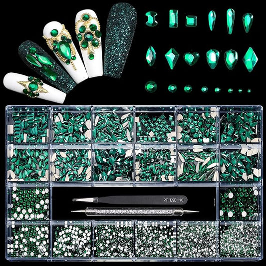 12 Types of Green 600 Diamonds + 2500 Flat Rhinestones Mix 20 Styles Flatback DIY Crafts Rhinestone Crystals 3D Decorations Flat Back Stones Set +Tweezers + Drill Pen