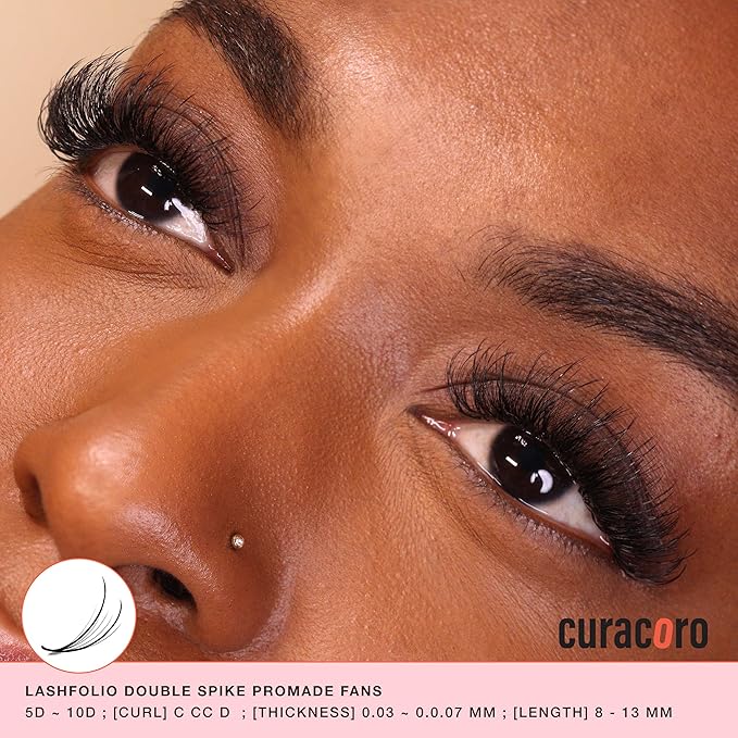 Curacoro LashFolio Double Spike Promade Fans, Handmade Volume Eyelashes, 5D To 10D, C CC D Curl, 0.03~0.07mm, 8-13mm Mix Length, Professional Long-Lasting Promade Lash Fans (7D-0.05 D 8-13mm)