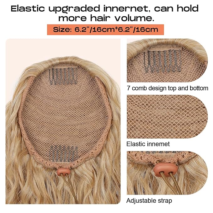 SEIKEA 36" Drawstring Ponytail Extension Long Lightweight Full Natural Curly Fake Pony Tail Multi Layered Soft Clip in Hair Extensions Ponytail Synthetic Hairpiece, Light Ash Blonde Highlights