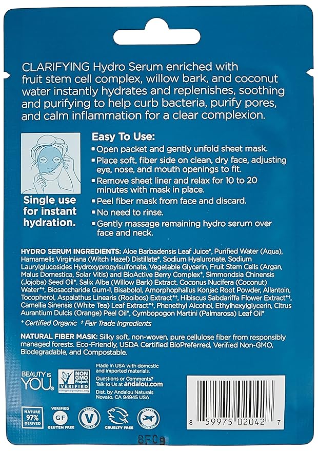 Andalou Naturals Instant Pure Pore Hydro Serum Facial Sheet Mask, Coconut Water, Clarifying, Non GMO, 0.6 Fluid Ounces (Pack Of 6)