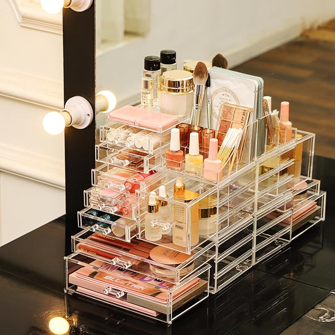 Cq acrylic Clear Makeup Organizer and Storage Stackable Skin Care Cosmetic Display Case with 8 Drawers Make up Stands For Jewelry Hair Accessories Beauty Skincare Product Organizing