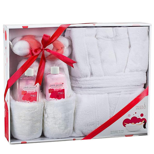 Luxury Home Spa Gift Basket with Pink Peony Scent - Indulgent Ultra Soft Bathrobe & Plush Slipper Spa Box for Women - Complete Bath & Body Set Luxury Body Care Mother’s Day Gift for Mom