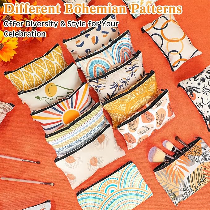 24 Pieces Makeup Bags Bulk Canvas Cosmetic Bags Purse Organizer Zipper Cosmetic Pouch Portable Travel Toiletry Pouch for Women Men Gifts, 7 x 4 Inch (Boho)