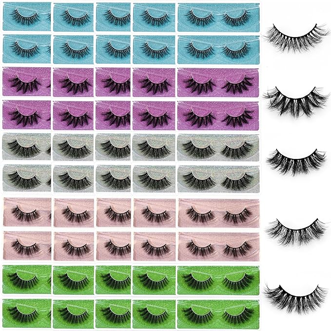 Wholesale Lashes, 3D Faux Mink Eyelash Bulk, 18mm Handmade Reusable Eye Lash, 5 Styles Dramatic Fluffy False Lash with Glitter Portable Packing (Fluffy 5 styles-50 pairs)