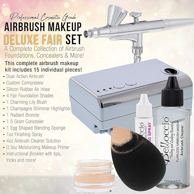 Belloccio Professional Beauty Deluxe Airbrush Cosmetic Makeup System with 4 Fair Shades of Foundation in 1/2 oz Bottles - Kit includes Blush, Bronzer and Highlighters