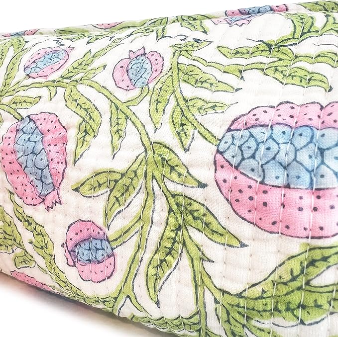 Block Print Designer Toiletry Bag & Makeup Case - Boho Floral Quilted Pouch for Cosmetics