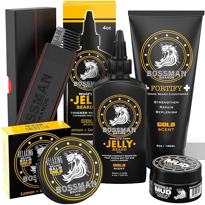 Bossman Complete Beard Kit – Men's Beard Oil Jelly, Fortifying Shower Conditioner, Balm, Mustache Wax & Comb – Beard Softener & Grooming Care (Gold Scent)