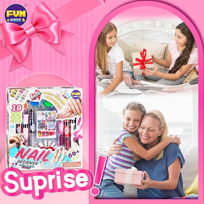 Nail Polish Pens Kit for Girls Ages 7-12, FunKidz Nail Pen Combo Kit Teen Gift Peelable Nail Art Studio Set with Cool Girly Decoration Stuff Pearl Beads, Glitter, Nail Stickers, Nail File, Gems