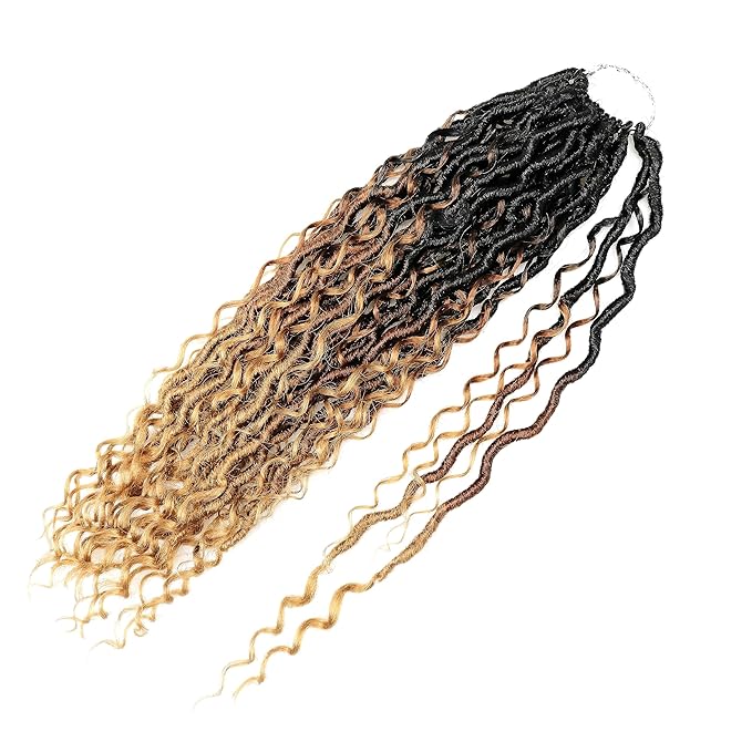 Aipin Goddess Locs Crochet Hair 18 Inch Boho River Locs Hippie Locs Wavy Crochet With Curly Hair In Middle And Ends Braids Hair Extensions (7Packs,18 inch, 3T1B/30/27)